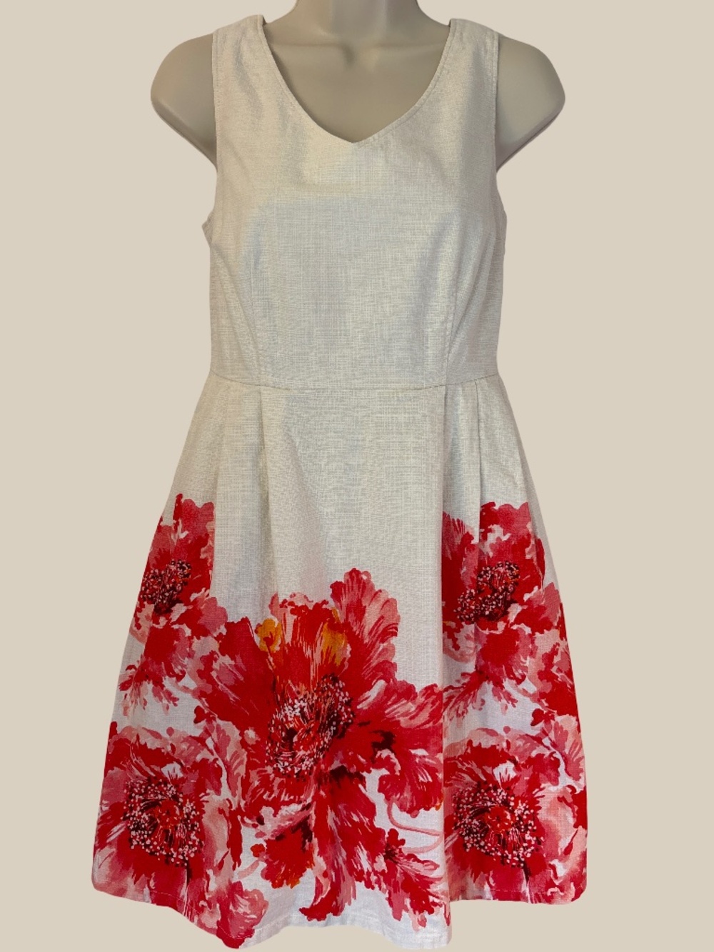 Lands' End Cotton Blend Floral A-Line Dress Ivory Red Border Print Pockets SZ 2P